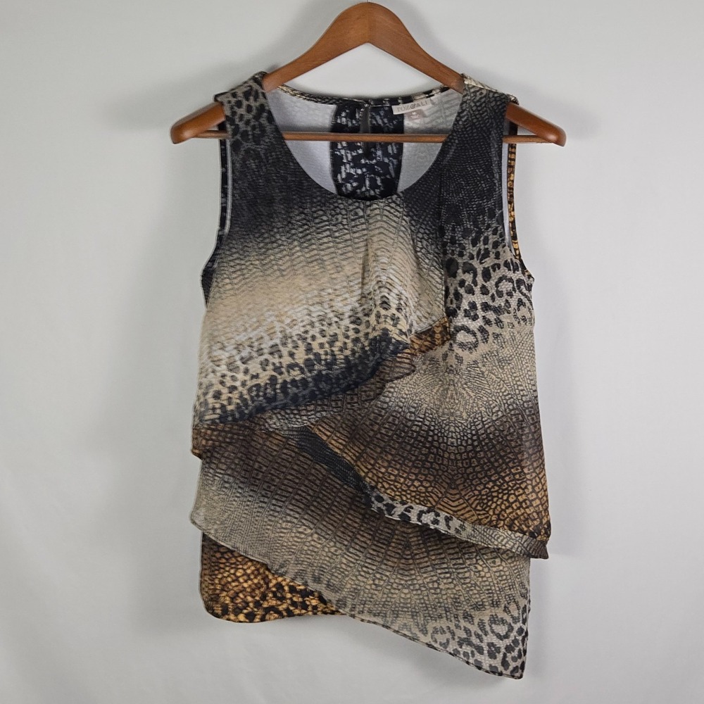 Roz & Ali Womens Blouse Medium Tiered Animal Print Sleeveless Chiffon Brown M